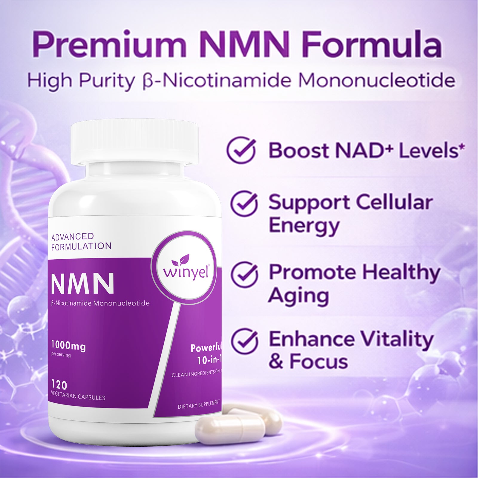 WINYEL NMN Complex 1000mg – Cellular Energy & Healthy Aging Support, 10-in-1 Formula with Resveratrol, CoQ10, Quercetin, Glutathione & Vitamin C – 60 Capsules